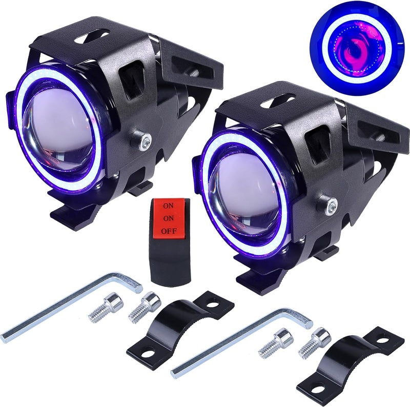 PAKRYS Motorcycle LED Fog Lights U7 Spotlight with High Low Strobe Beam Halo Rings White Central with U7 LED Running DRL Switches Clamps Universal Spotlights Driving Lights 2 Packs - Image 1